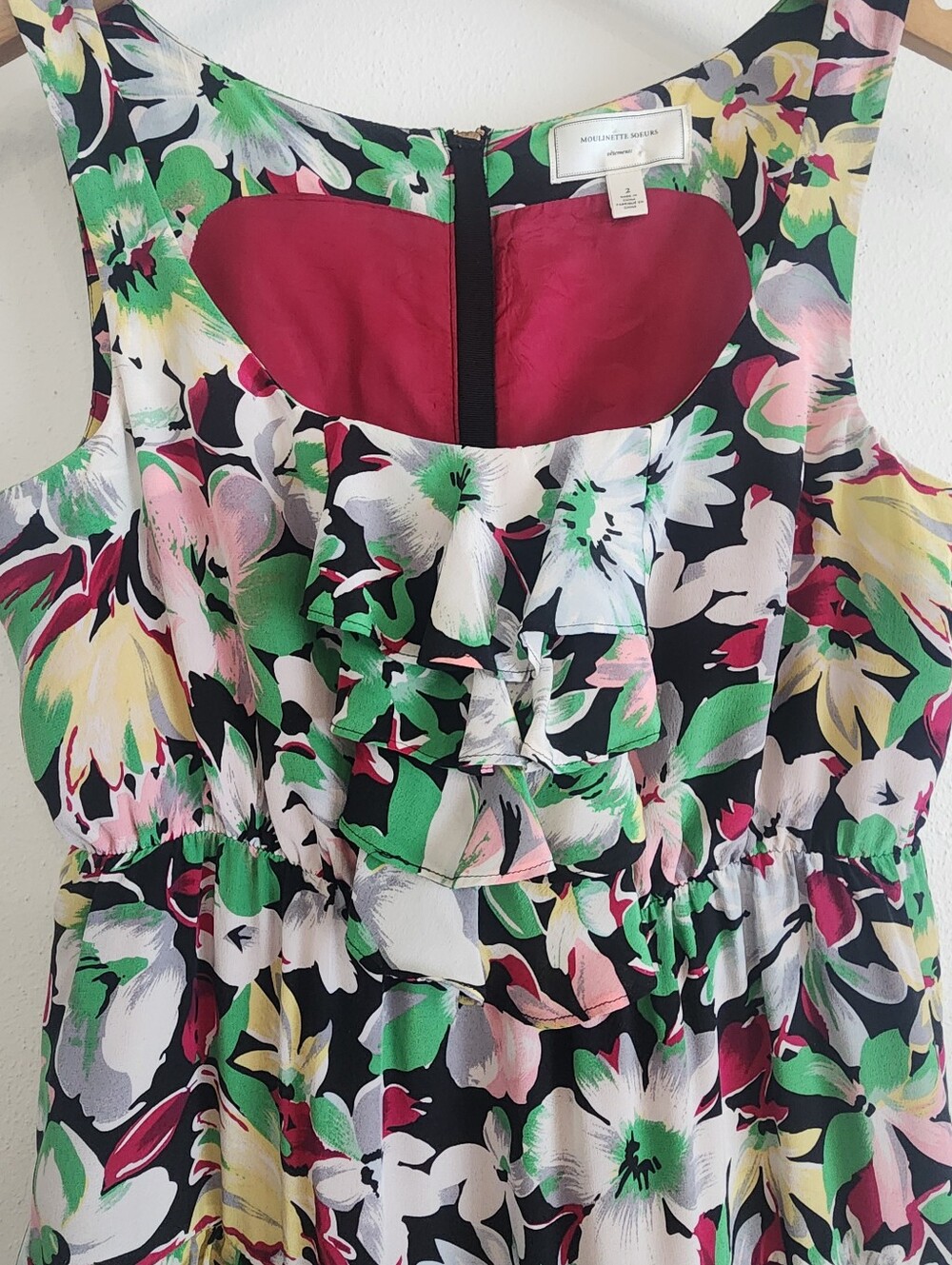 Moulinette Soeurs Akebia Floral Tiered Ruffle Sleeveless Silk Mini Dress Size 2 - Picture 4 of 12
